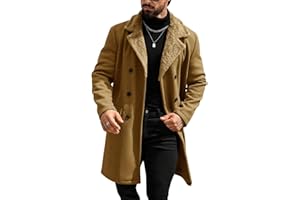 Runcati Mens Trench Coat Double Breasted Notched Collar Fleece Jacket Slim Fit Fall Winter Fuzzy Pea Coats Warm Overcoat
