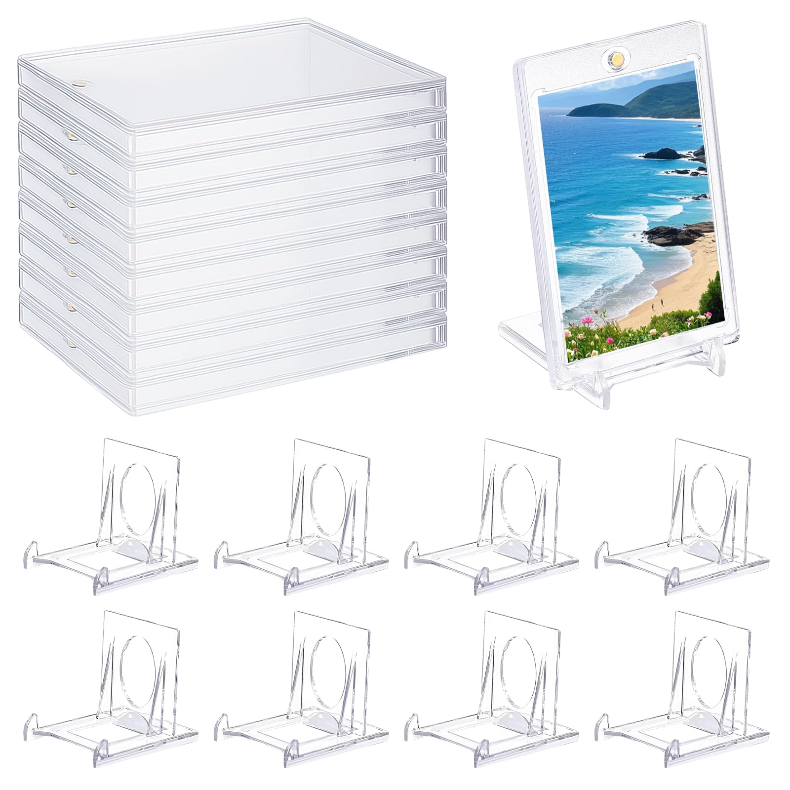 BORISCA 8 Pcs 35PT Magnetic Card Holder, Inner Diameter 64.4 * 89.5mm Acrylic Card Case Hard with 8 Pcs Trading Card Stand, Hard Card Sleeves, Protective Set