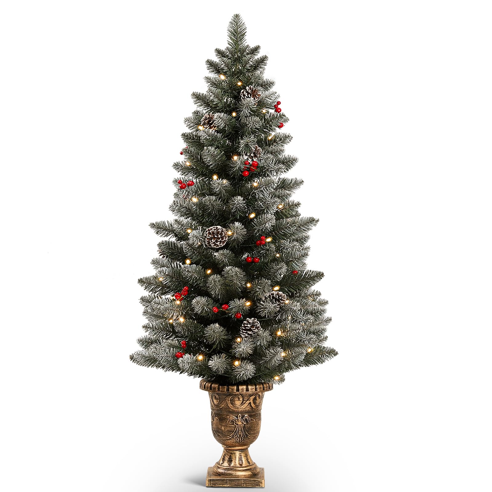Photo 1 of Decoway 4ft Christmas Tree Pre-Lit Artificial Mini Christmas Tree with Gold Pot Base, Flocked Snow 70 Warm White Led Lights Pine Cones Red Berries, for Entrances, Home Decorations Holiday Decor