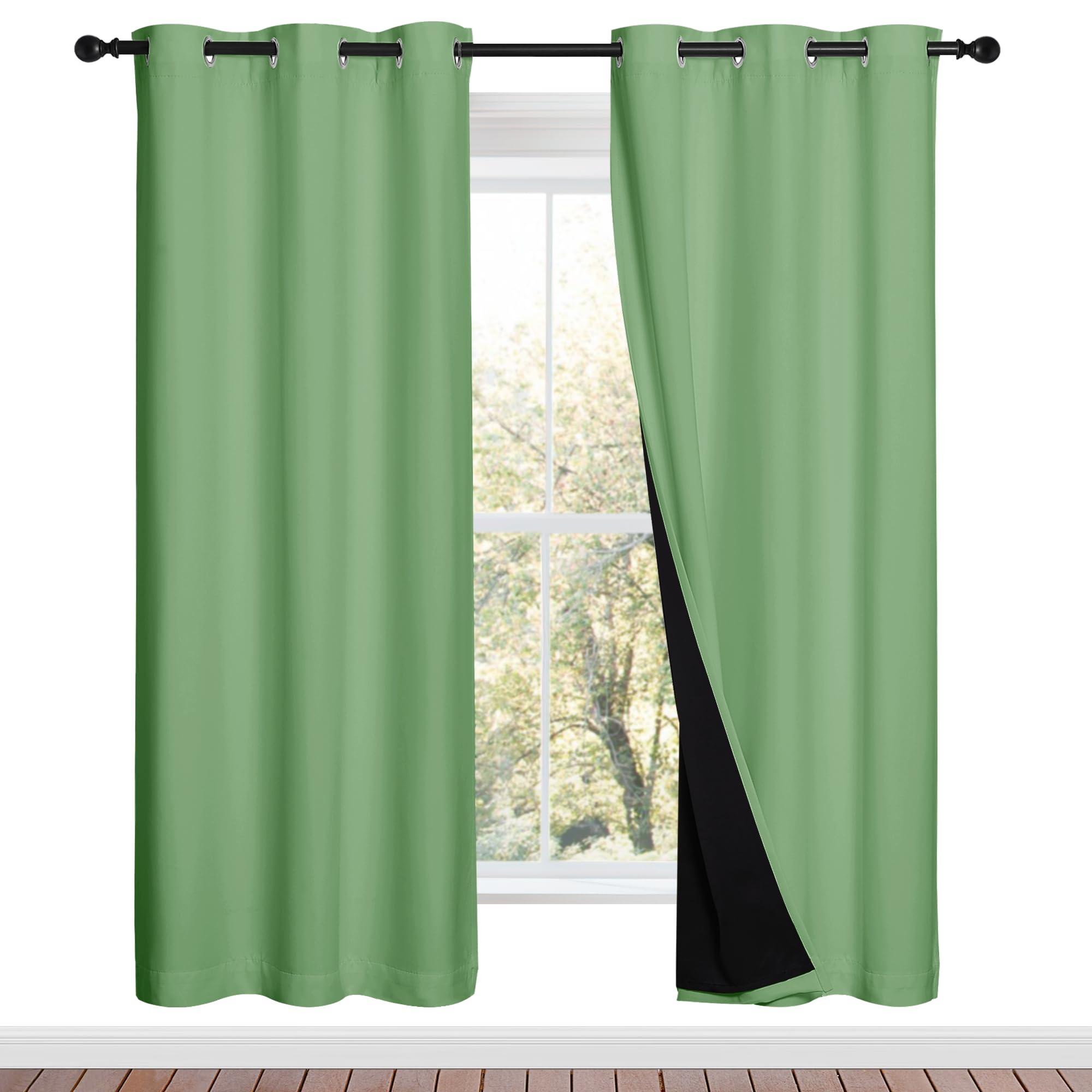 NICETOWN 100% Blackout Window Curtain Panels, Forest Green, 2 Pieces, 42-inch Wide Per Panel, Full Light Blocking Drapes with Black Liner for Nursery, 72-inch Drop Thermal Insulated Draperies Image
