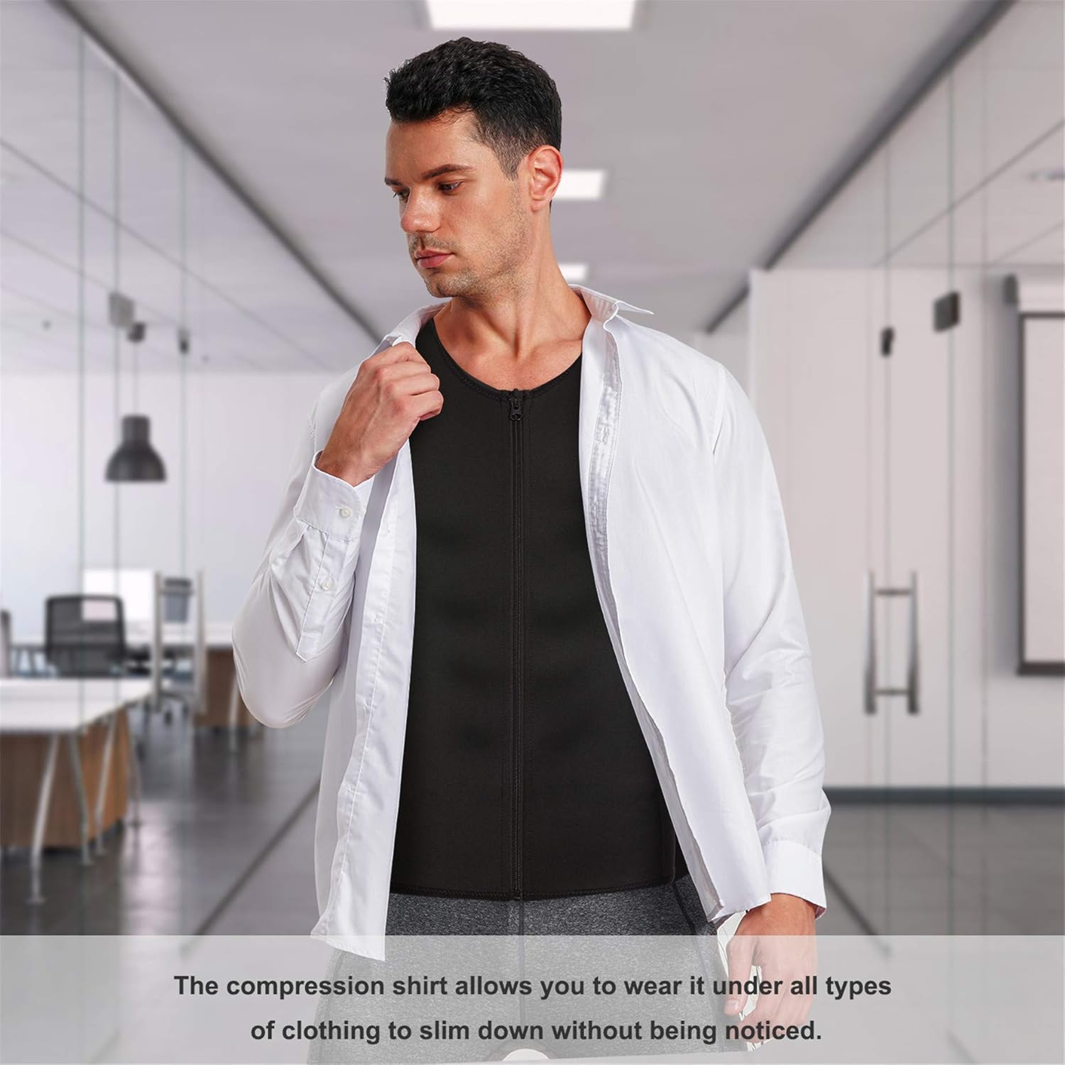 تي شيرت بتقنية الضغط للرجال من تايلونج من أجل تنحيف الجسم قميص داخلي ضيق بحزام تحكم في البطن Large اسود Amazon Ae