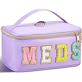 Geetery Clear Makeup Bag Chenille Letter Meds Bag Travel Cases Preppy Patch with Zipper, Portable Cosmetic Toiletry Storage case for Women(Meds,Purple)