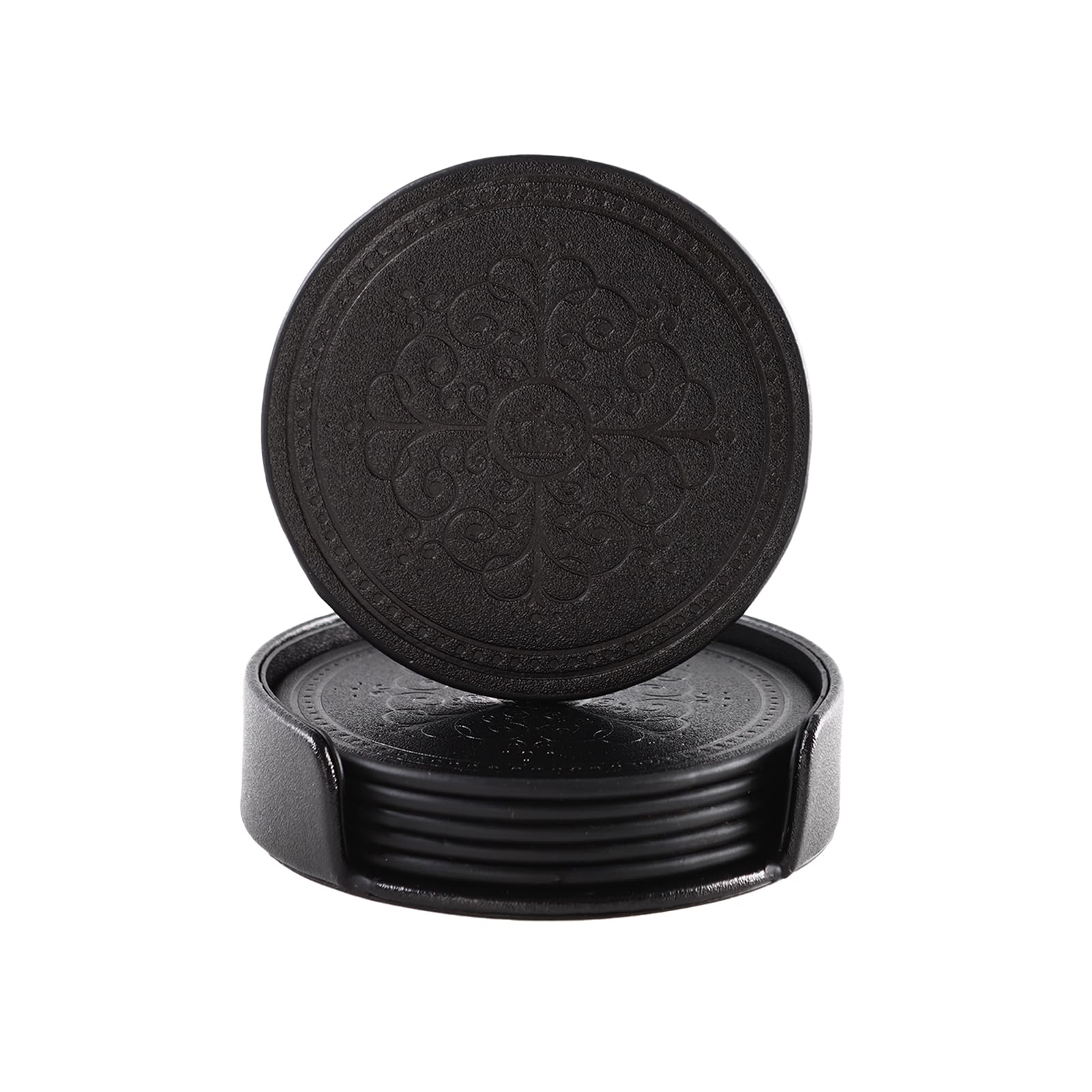 Lisrsc PU Leather Coasters Set of 6 with Holder - Black Round Drink Coasters for Coffee Table