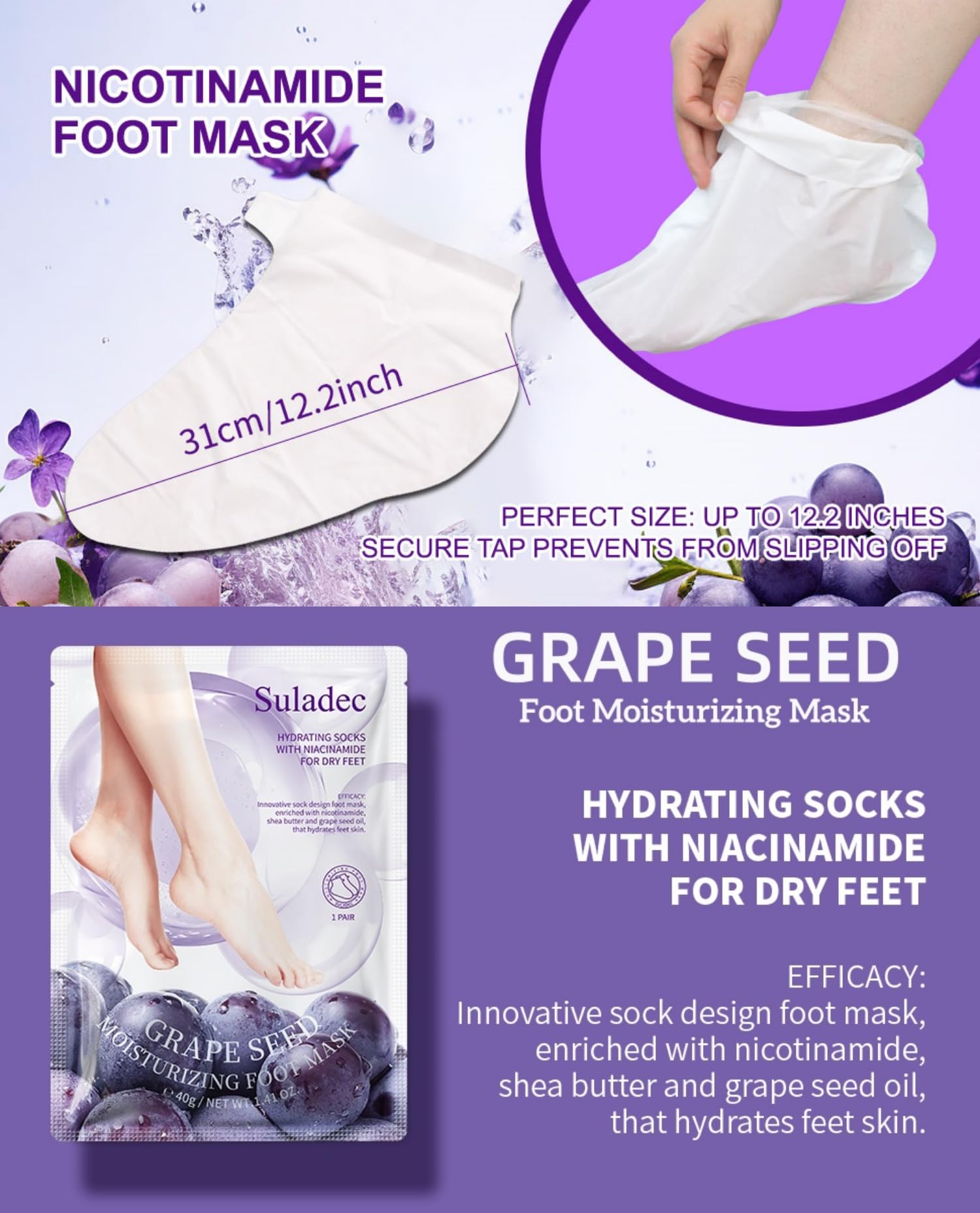Moisturizing Foot Mask with Grape Seed Oil and Shea Butter, Hydrating Foot Masks for Dry Cracked Feet, Dry Skin Moisturizer for Soft and Smooth Touch Feet - Men Women - 7 Pairs