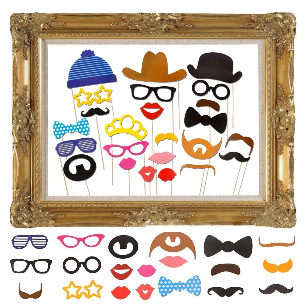 JZK 25 x Party Photo Booth Props with Large Frame Mustache Bow Lips Hat for Wedding, Birthday, Baby Shower, Christmas, Halloween & New Year Party