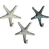 Zeckos Set of 3 Cast Iron Nautical Starfish Wall Hooks - Stylish and Functional Towel, Hat, and Key Hangers - Rustic 4-Inch Decorative Hooks for Coastal-Themed Home