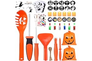 AOSTAR Pumpkin Carving Kit for Kids, 6 Halloween Pumpkin Carving Tools Set + 6 LED Candles + 6 LED Rings + 6 Pumpkin Stickers + 10 Carving Stencils + 2 Lawn Bags , DIY Jack-O-Lanterns Halloween Decorations