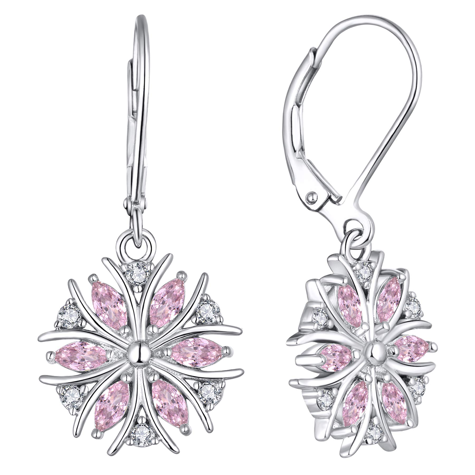 YL Snowflake Earrings 925 Sterling Silver cut Pink Cubic Zirconia Drop Dangle Earrings for Women