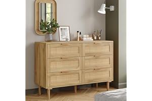 Furniouse 6 Drawer Rattan Dresser for Bedroom, Wooden Dresser Chest of Drawers, Storage Organizer for Closet, Beside Table for Living Room, Entryway