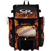 Boombah Rolling Superpack 2.0 Baseball/Softball Gear Bag - 23-1/2" x 13-1/2" x 9-1/2" - Baseball Fire Ball Black/Orange/White - Telescopic Handle - Holds 4 Bats - Wheeled Version