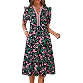 Wenrine Womens Summer Midi Dress Casual Floral Puff Short Sleeve V Neck Swing Flowy Boho Beach Dresses with Pockets Black