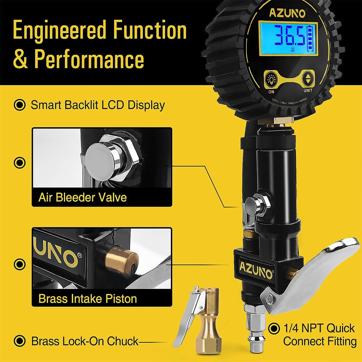 AZUNO Bike Tire Inflator with Pressure Gauge, 200 PSI, w/Auto-Select Presta Schrader Chuck on 18" Rubber Hose, Lock on Air Chuck, Quick Connect Coupler, Bicycle Accessories : Sports & Outdoors