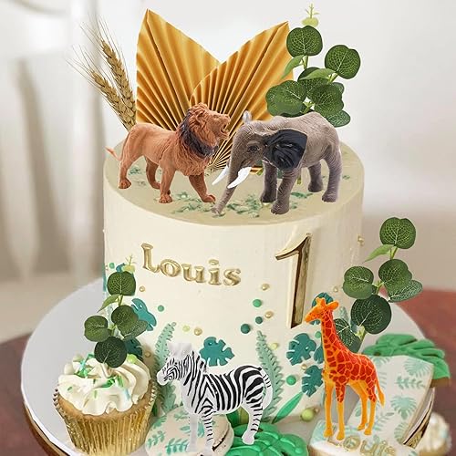 Lukinuo 20pcs Realistic Safari Jungle Animal Cake Topper Gold Palm