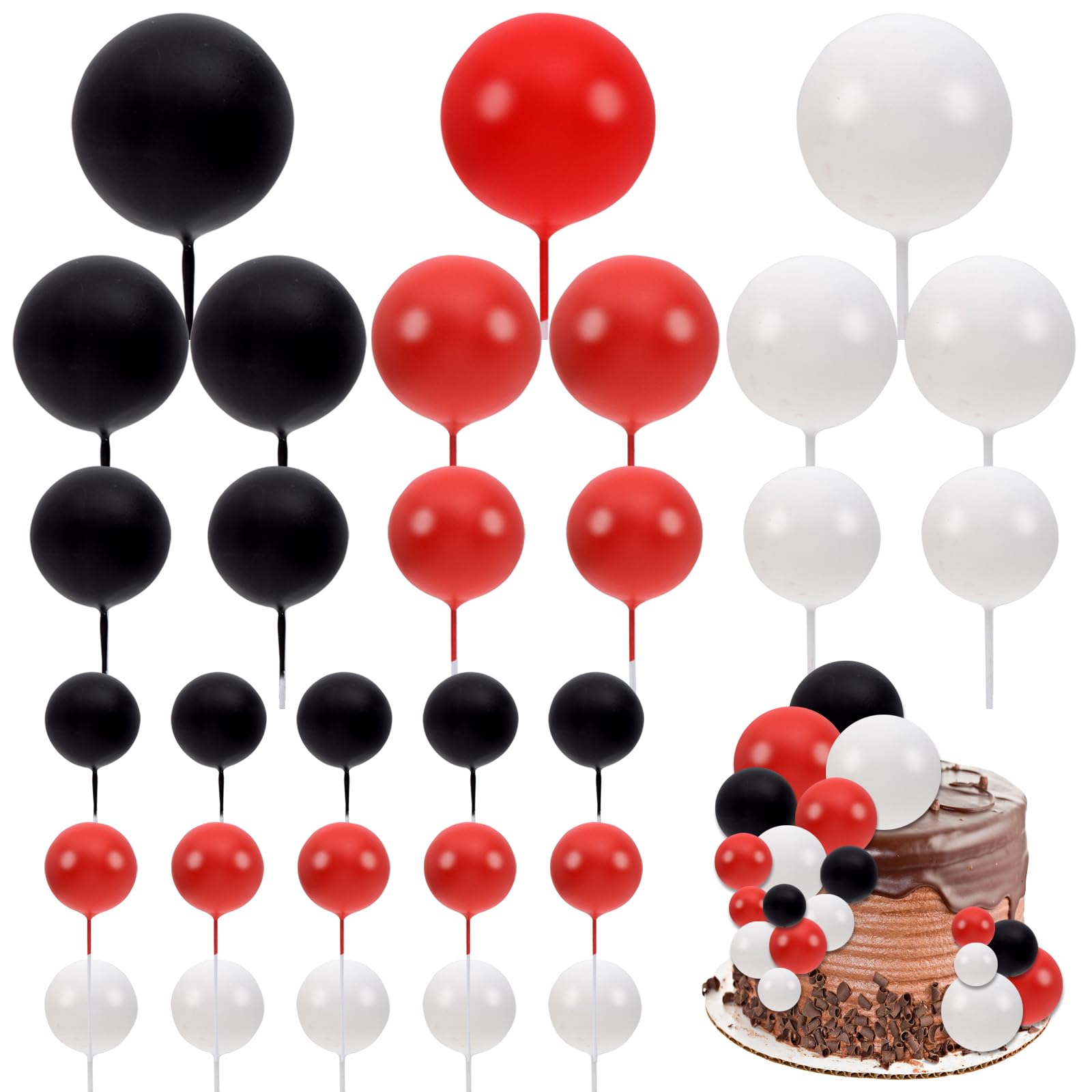 Photo 1 of 30 PCS Balls Cake Topper DIY Cake Insert Toppers Ball Cake Picks Cupcake Topper for Birthday Party Baby Shower Wedding Cake Decoration(Black White Red)