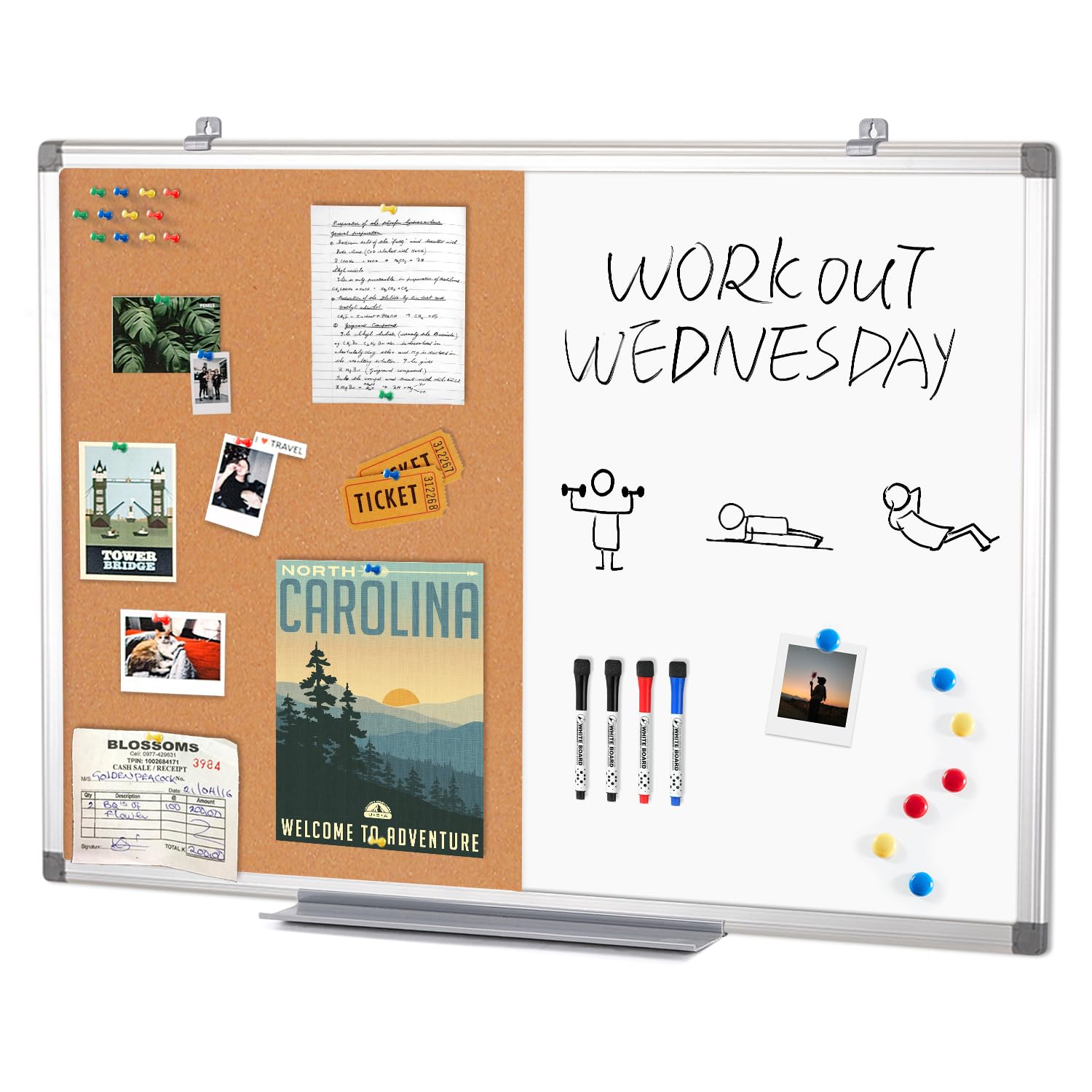 Swansea Magnetic Whiteboard Combination Cork Pin Noticeboard Office Home School with Dry Erase Pen + 6 Pins,90x60cm