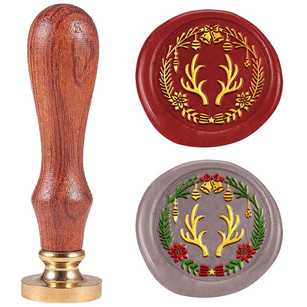 DELORIGIN 1" Christmas Wreaths Wax Seal Stamp, Retro Sealing Stamps Removable Brass Head with Wooden Handle Seal Stamp Sealing Wax for Christmas Envelope Greeting Card Letter Invitations Gift Wrapping