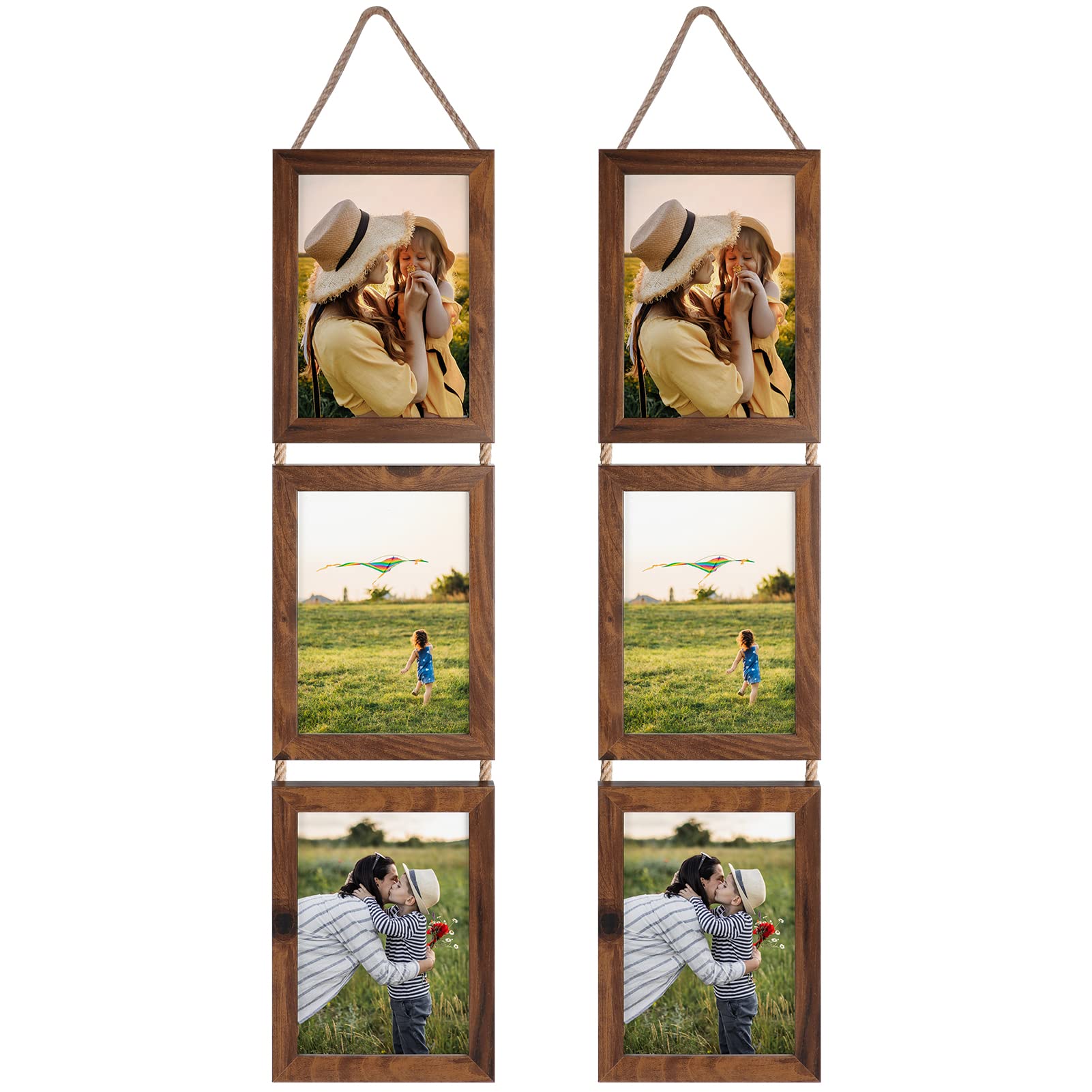 Photo 1 of Lavezee 5x7 Collage Triple Picture Frames Set, Walnut Brown 6 Opening Hanging Vertical Frame Made to Display 5 by 7 Inch Photo Print for Wall Decor