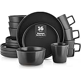 Stone Lain Celina Stoneware 16 Piece Modern Dinnerware Set, Plates and Bowls, Black Matte, Service for 4, Microwave & Dishwasher Safe