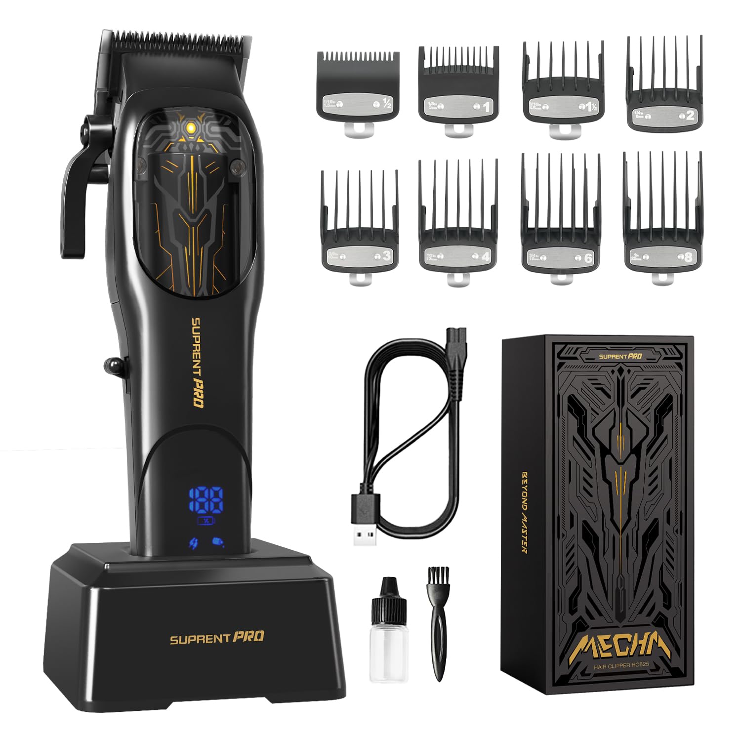 SUPRENT® PRO Professional Hair Clippers for Men- High Torque Brushless Motor with DLC Coated Ceramic Blade, Mens Cordless Hair Clippers Set for Barbers with Charging Base, Gift for Men (Black)