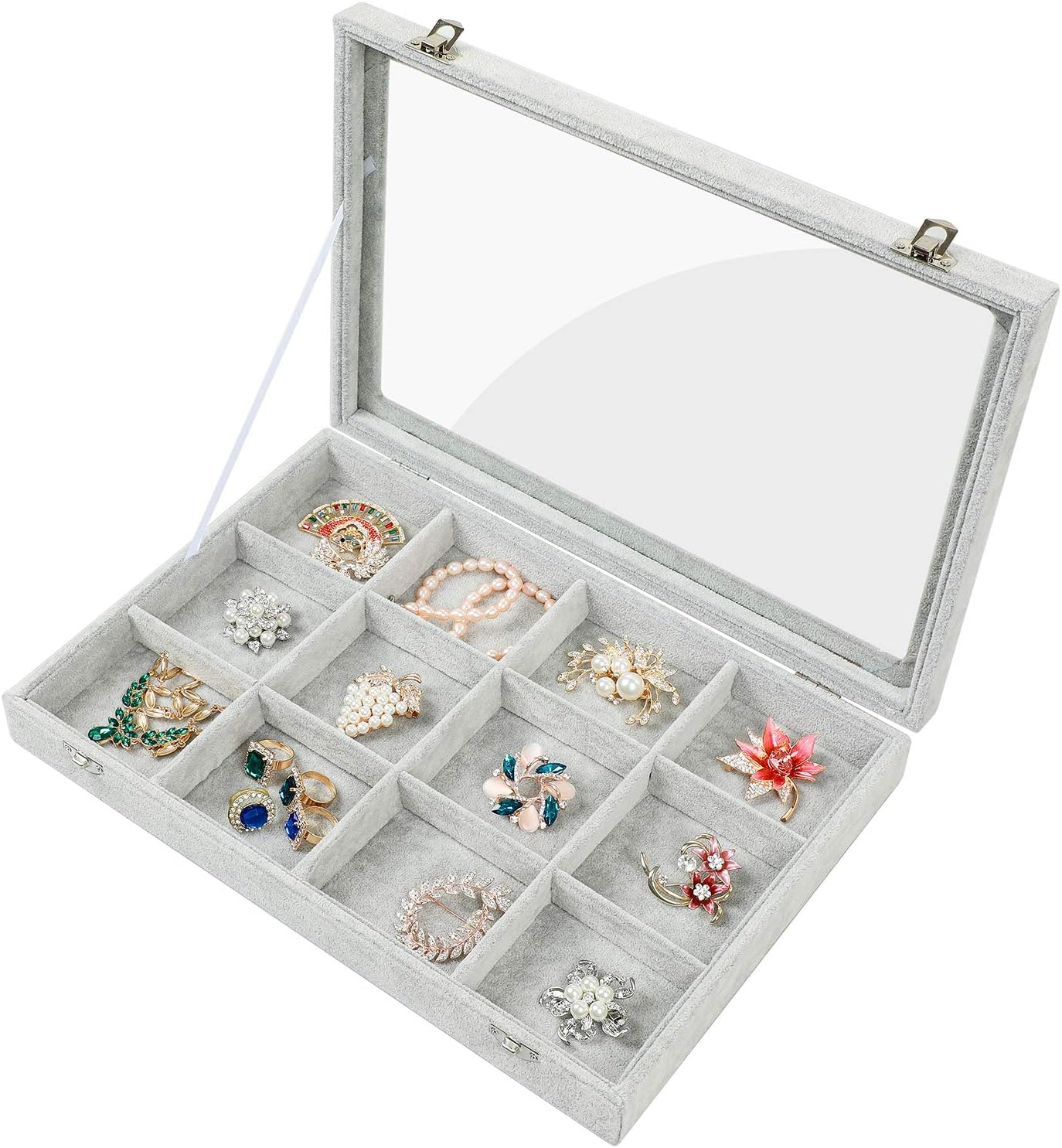 STYLIFINGSTYLIFING Jewelry Organizer Tray 12 Grids, Velvet Jewelry Tray with Clear Lid Jewelry Display Case Gifts for Girls Women