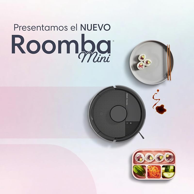 Aspirador e esfregão robô Roomba Mini com base AutoEmpty (até 90 dias), Navegação LiDAR, Sucção 7000 Pa, Design Compacto para Espaços Reduzidos, App, Esfregonas Perfumadas, Preto