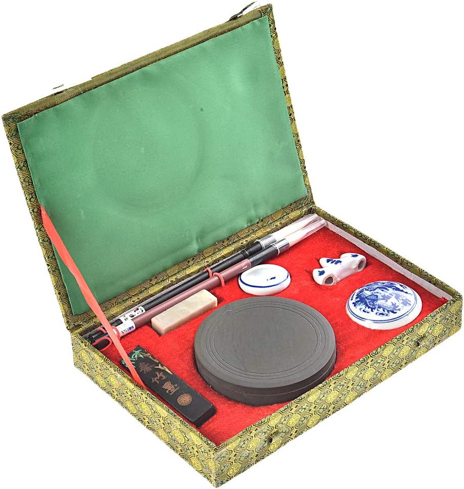 Quantum Abacus Calligraphy Set in Elegant Gift Box, Includes 2 Brushes, Ink Stick, Inkstone, Water Container, Stone Seal, Seal Ink Container, Brush Rest, Mod. CZS-02