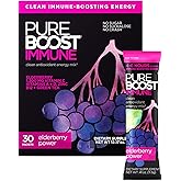 Pureboost Immune Clean Energy Booster, Refreshing Energy Drink Mix and Immunity Supplement with Elderberry, 1,200 mg Vitamin C, Vitamins A + D, and Zinc. (Elderberry Power, 30 Count)