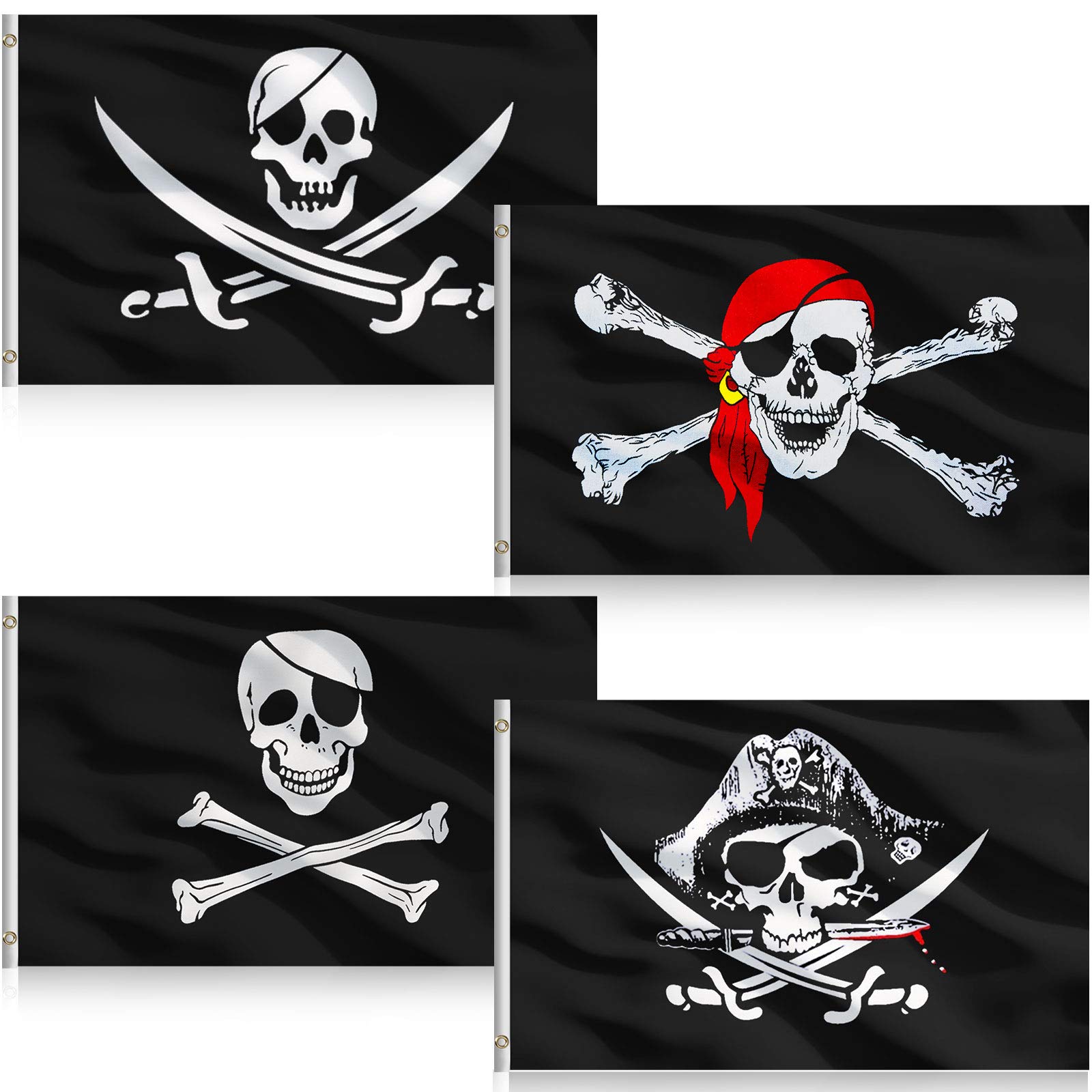 Photo 1 of 4 Pieces Pirate Flags 3 x 5 Feet Jolly Roger Pirate Flag Skull Bone Pirate Banner Halloween Retro Decorations Flag for Halloween Party Home Decoration, 4 Styles(Classic Style)