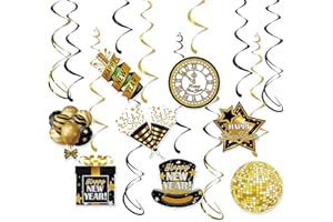 Happy New-Year Eve Foil-Swirl Decorations - 12Pcs Gold Black Hanging Streamers Garland,Classroom Office Home House Bar Holiday Supplies Party Decor Hugtmr