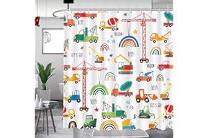 MEHOFOND Kids Excavator Shower Curtain Tractor Machinery Trucks Shower Curtain Construction Vehicle Shower Curtain for Boys Bulldozer Crane Bathroom Decor Waterproof Fabric 72Lx72W Inch with Hooks