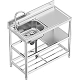 Free Standing Stainless-Steel Single Bowl Commercial Restaurant Kitchen Sink Set w/Faucet & Drainboard, Prep & Utility Washin