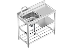 KINGBO Free Standing Stainless-Steel Single Bowl Commercial Restaurant Kitchen Sink Set w/Faucet & Drainboard, Prep & Utility Washing Hand Basin w/Workbench & Double Storage Shelves Indoor Outdoor (39.5in)