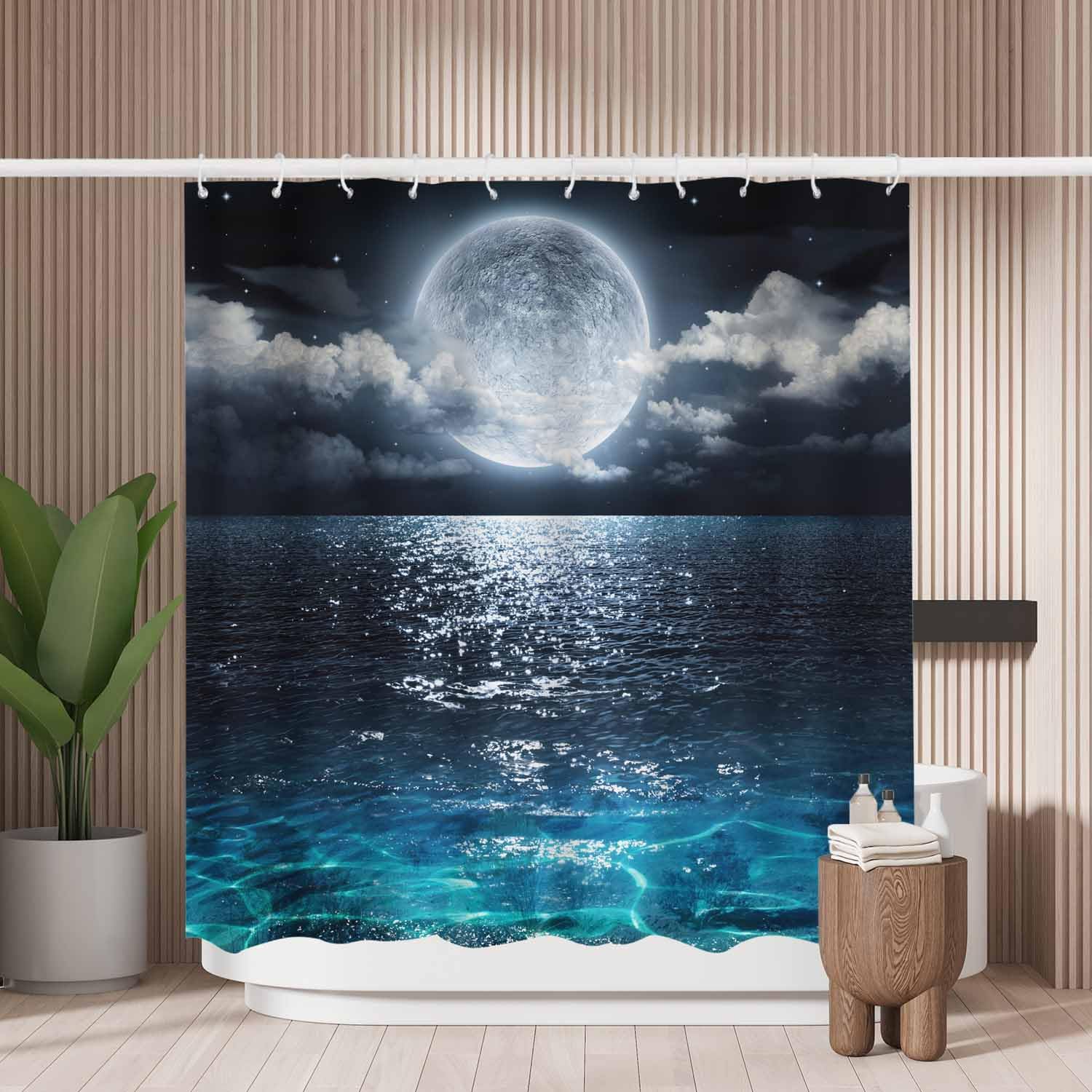 Woutay Shower Curtain Mould Proof Resistant Full Moon on Sea,Water Repellant Fabric,Polyester,with 12 Plastic Hooks,Size 180x180CM