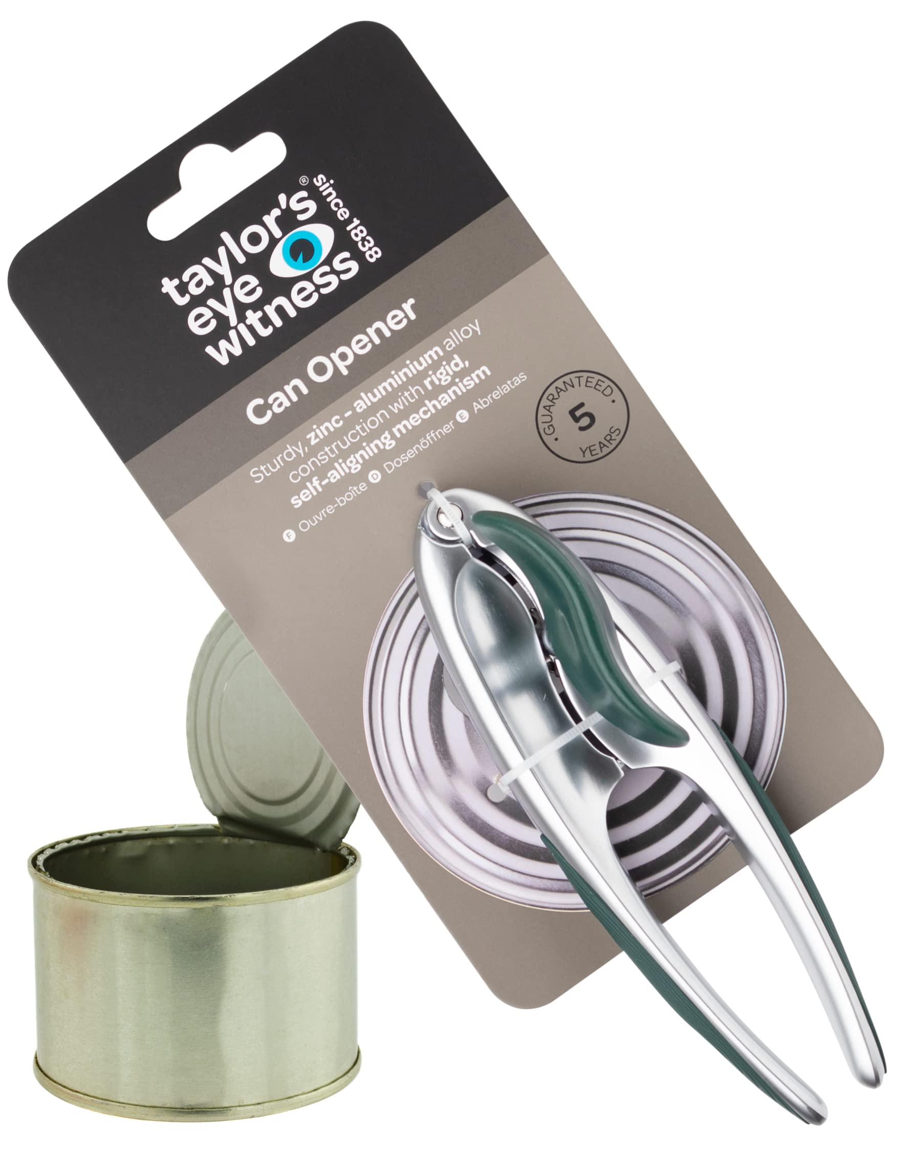 Premium 2-in-1 Manual Can Opener - Taylors Eye Witness, Easy to Use Tin Opener, Kitchen Gadget Made with Built-in Bottle Opener, Sturdy Zinc Aluminum Construction with Silver & Green Colouring