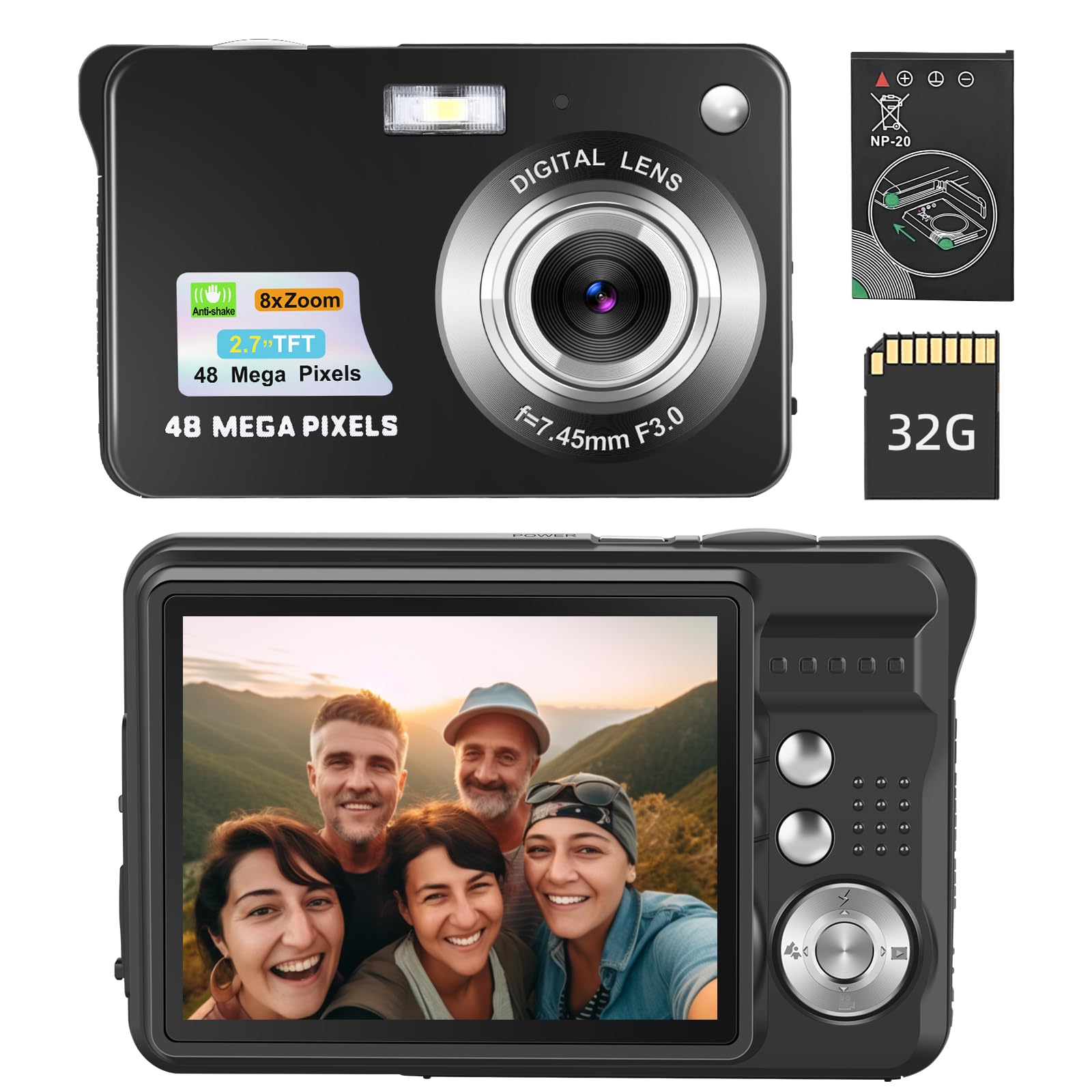 Compact Digital Camera 4K, 48MP, Complete Vlogging Kit with 32GB Micro SD Card, 2.7" TFT LCD Screen, 8X Zoom Video Camera with Face Detection, Integrated Flash Pocket Device.
