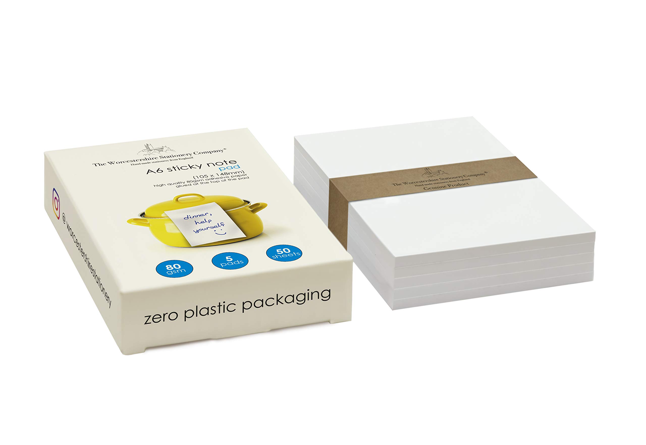 A6 Sticky Note pad, Pack of 5, 50 Sheets, White, Zero Plastic Packaging