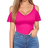 HERLOLLYCHIPS Sexy Tops for Women Cold Shoulder Deep V Neck Short Sleeve Slim Fit Summer Casual Tees T-Shirts