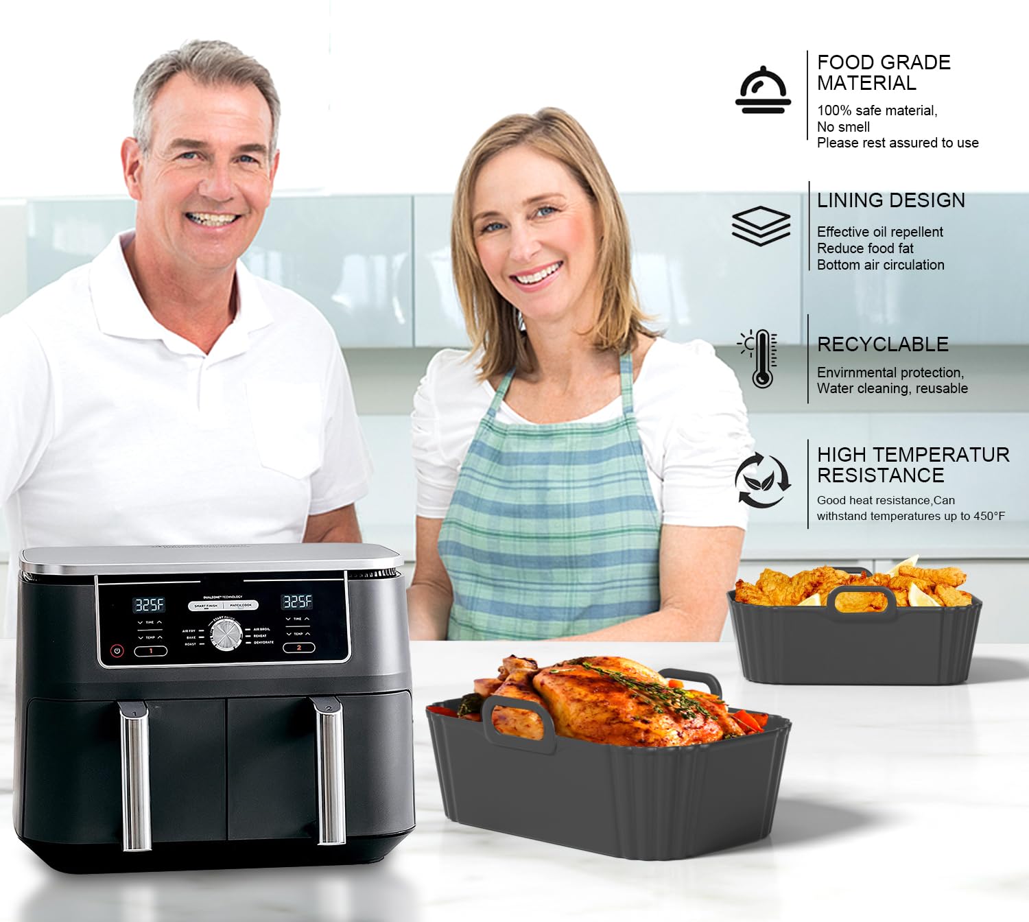 Silicone Air Fryer Liners 2 Pack, Reusable Compatible for Ninja Foodi DZ201, DZ401, DZ550, DZ302, COSORI 9QT, Chefman, Instant, and 6-in-1 8-10QT Dual Baskets