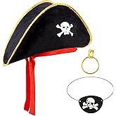 Chanaco Pirate Hat Costume Accessories for Men Women Eye Patch Earring Favors Pirate Captain Themed Party Decorations Halloween Cosplay Birthday Outfit Set Supplies