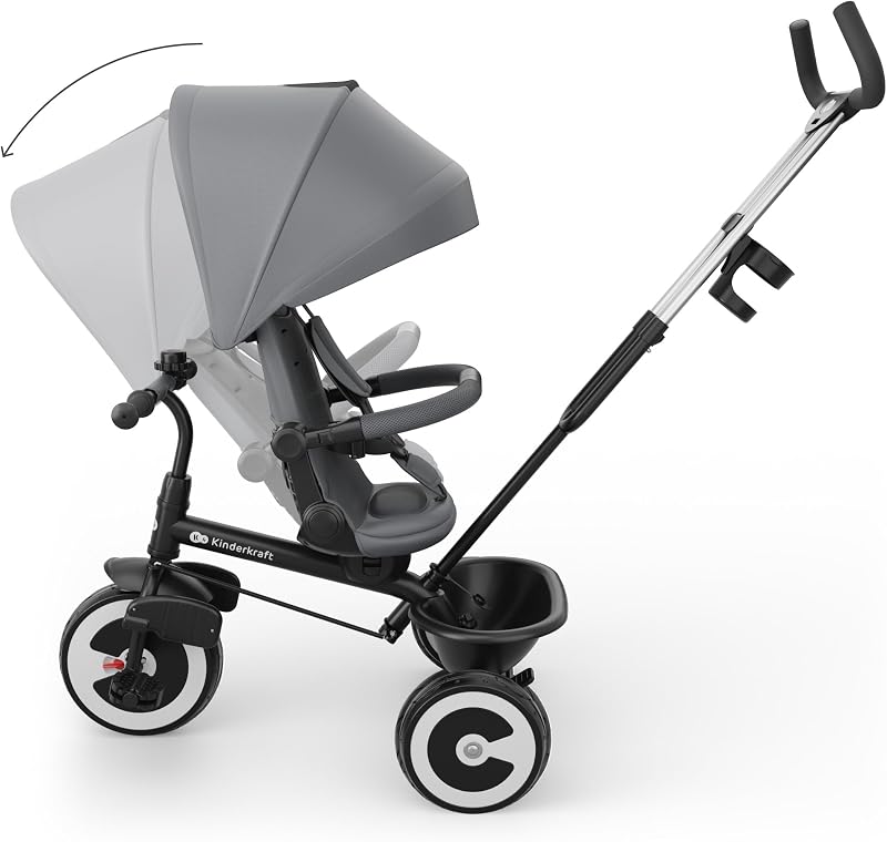 Aston 2 PRO Dreirad, Schiebestange, 360° Sitz, Verdeck, Grau