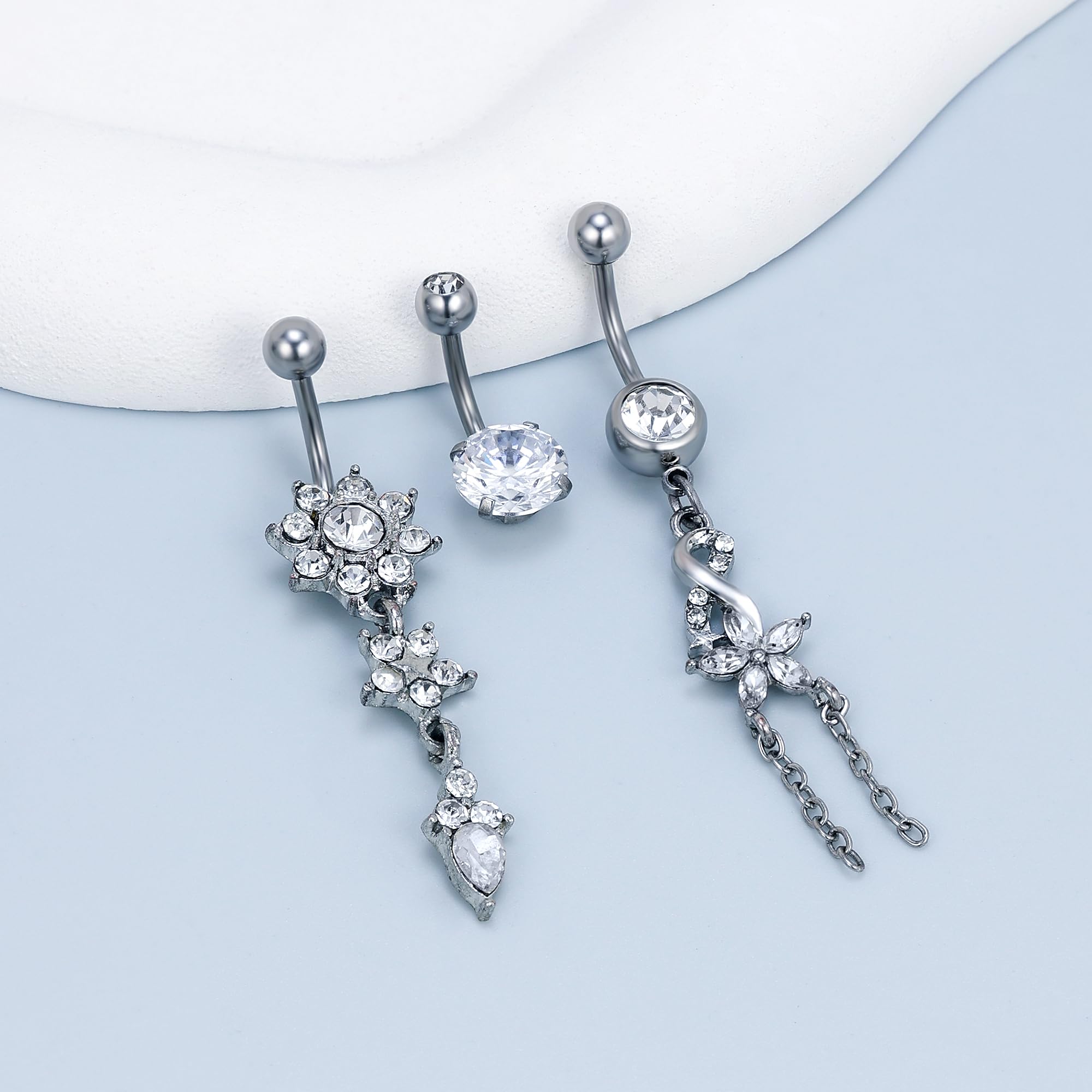 Vsnnsns 14G Dangle Belly Button Ring Piercing Jewelry 316L Stainless Surgical Steel Heart Flower CZ Reverse Navel Rings Dangling Belly Button Ring Piercing Jewelry for Women 14 Gauge Hypoallergenic