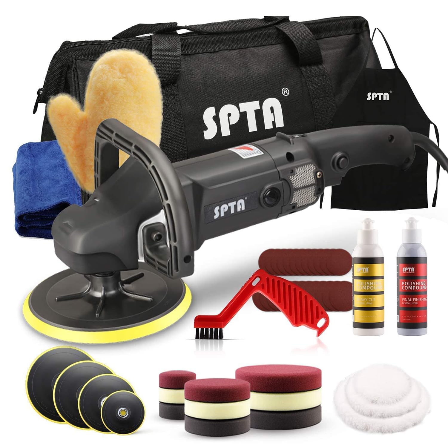 Buffer Polisher, SPTA 7 Inch 180mm Rotary Car Polishing Machine & Polishing Pads Set for Auto Buffing and Polishing