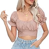 COOUFE Women's Crop Tops Ruffle Short Sleeve Tie