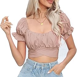COOUFE Women's Crop Tops Ruffle Short Sleeve Tie