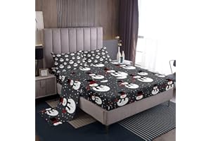 jejeloiu Merry Christmas Bed Sheets Set Queen Size Snowman Bed Set Snowflake Deep Pocket Fitted Sheet Xmas Decoration Breatha