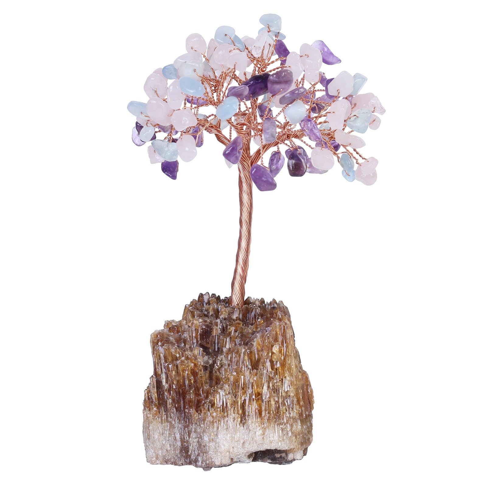 mookaitedecor Amethyst & Rose Quartz & Aquamarine Healing Crystal Tree on Amber Calcite Cluster Base Feng Shui Money Tree Ornament for Home, Semi Precious Gemstone Bonsai Tree Gift Reiki Room Decor