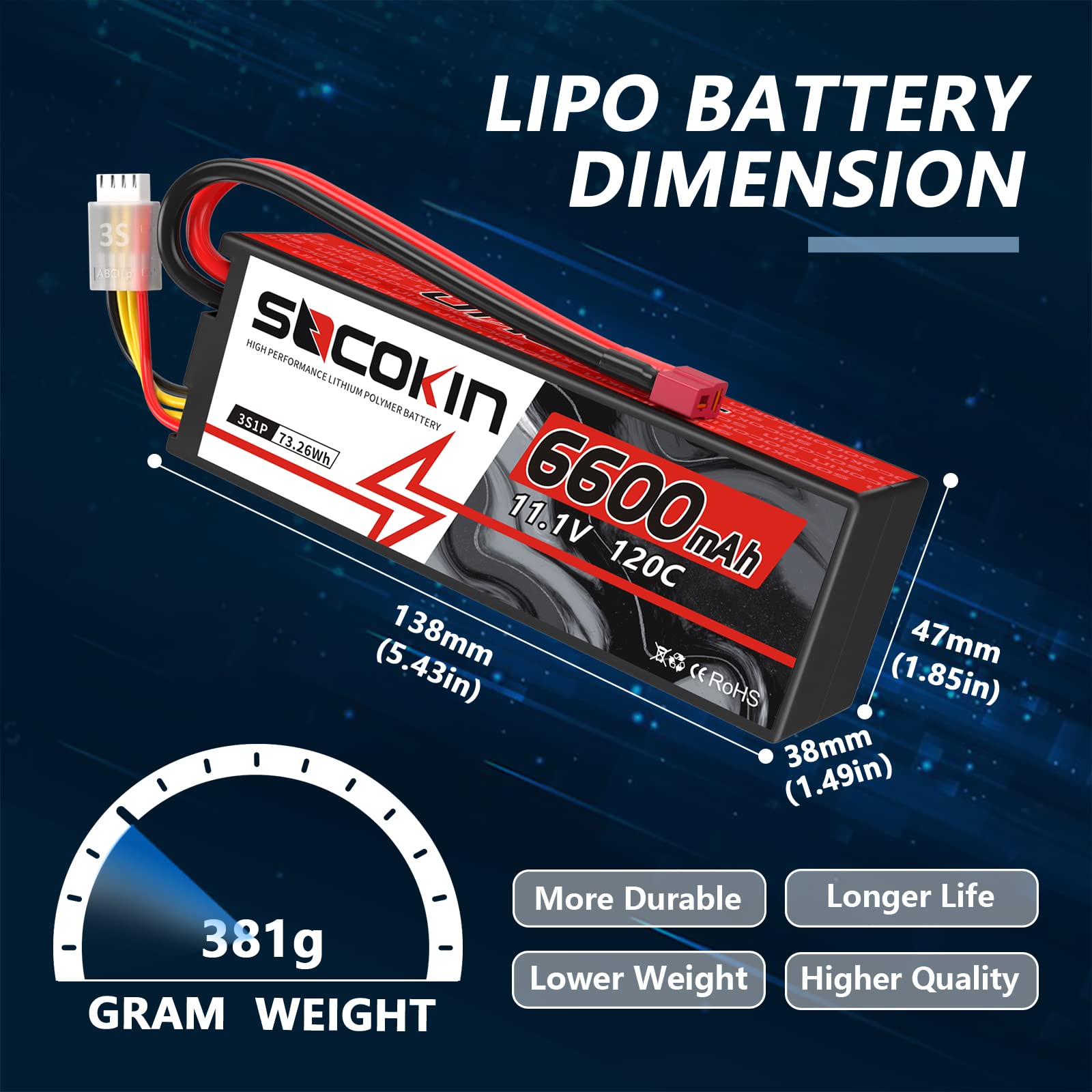 SOCOKIN 3S Lipo Battery 6600mAh 11.1V 120C with T