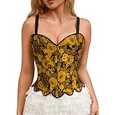 ChiaoLezhee Vintage Overbust Corset Tops for Women, Jacquard Floral Lace-Up Corsets with Straps, Renaissance Bustier Top