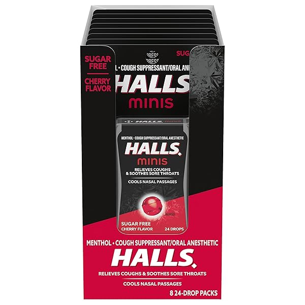HALLS MINIS CHERRY FLAVOR SUGAR FREE COUGH DROPS,...