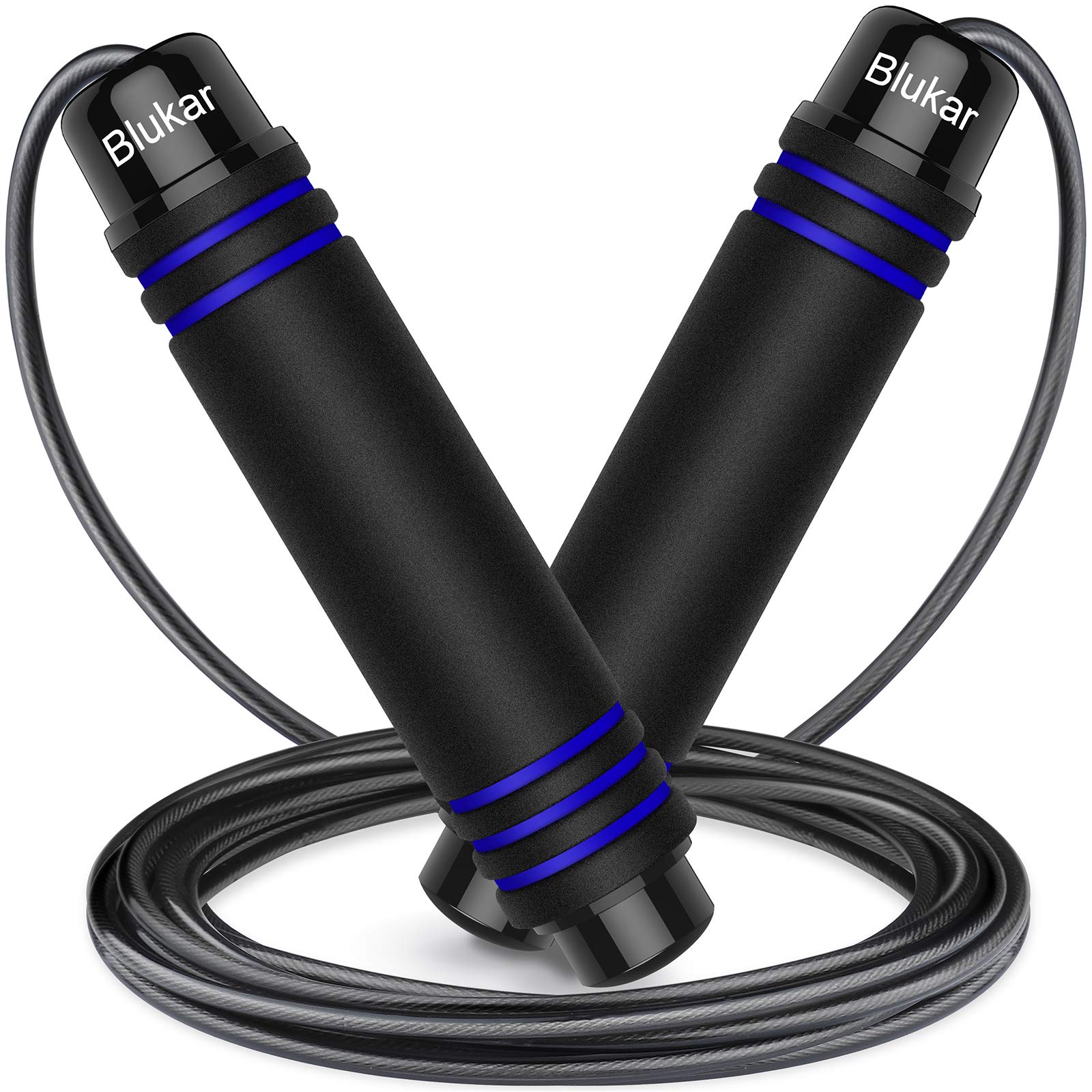 Blukar Skipping Rope, Speed Jump Rope Tangle-free Adjustable Cord with Rapid Ball Bearings & Soft Foam Handle for Fitness Workouts Fat Burning Exercises-Spare Cord Length Adjuster Included-‎Blue